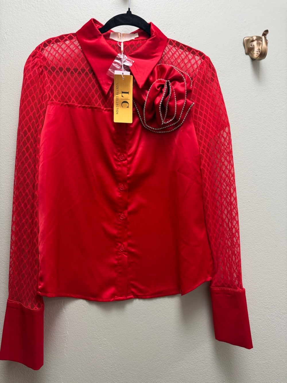 Red Satin Blouse with Sheer Mesh Sleeves and Rosette Accent